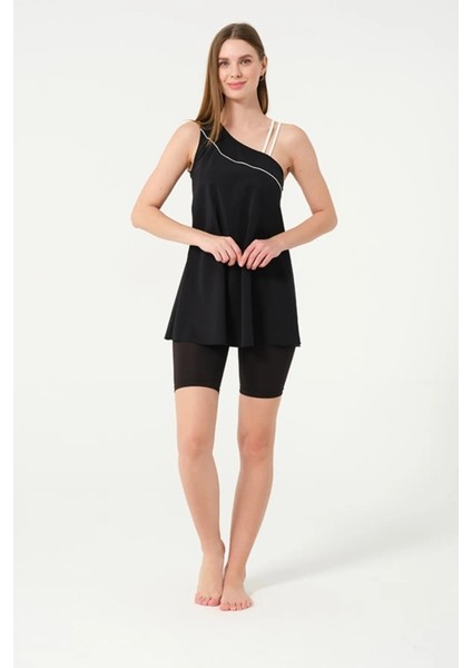 24158 Siyah Tek Omuz Iki Ipli Lycralı Yarı Kapalı Havuz Mayo
