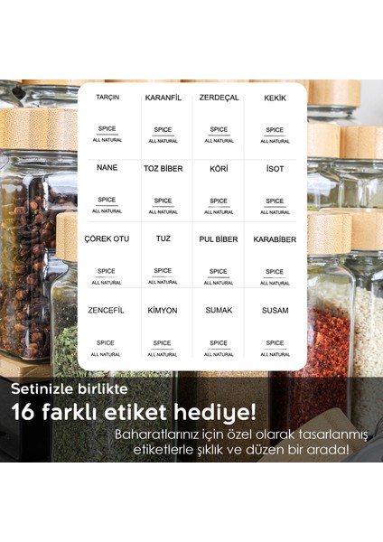 12'li Bambu Kapaklı Cam Baharatlık Seti - Etiketli Tuzluk Biberlik Köşeli Baharat Takımı 120 ml