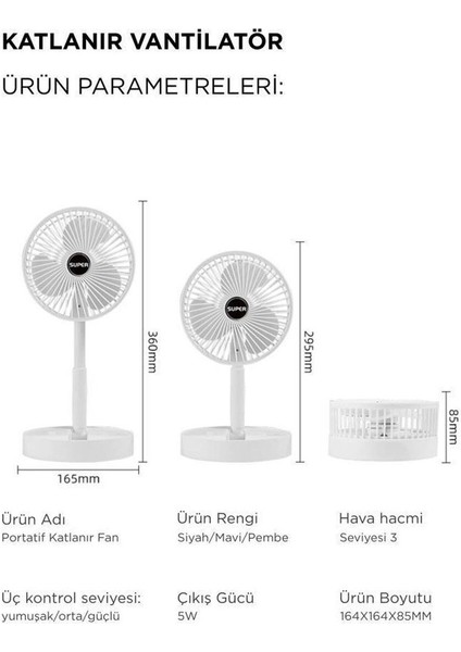 Masaüstü Şarjlı Fan 3 Hız Kademeli Katlanabilir Teleskobik Vantilatör Serinletici Mini Klima