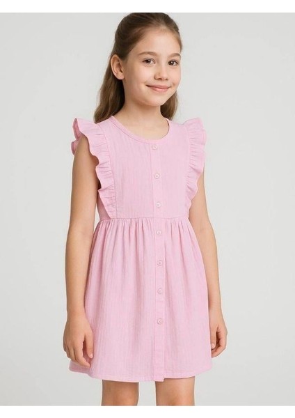Kız Çocuk Düğmeli Müslin Elbise