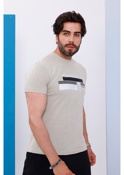 Erkek Bej Bisiklet Yaka Baskılı T-Shirt - 170