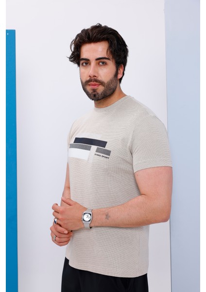 Erkek Bej Bisiklet Yaka Baskılı T-Shirt - 170 modelleri