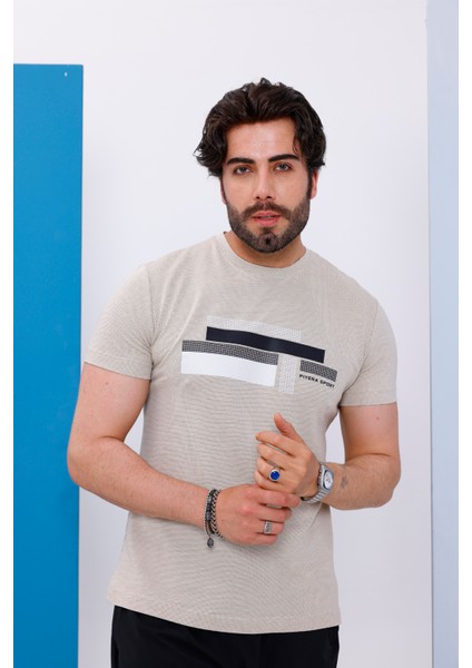 Erkek Bej Bisiklet Yaka Baskılı T-Shirt - 170 fırsatları