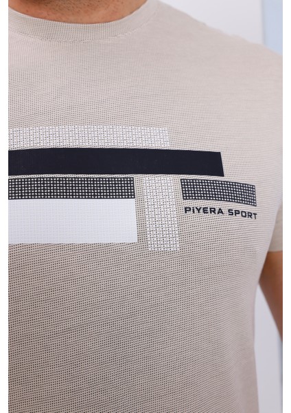 Erkek Bej Bisiklet Yaka Baskılı T-Shirt - 170