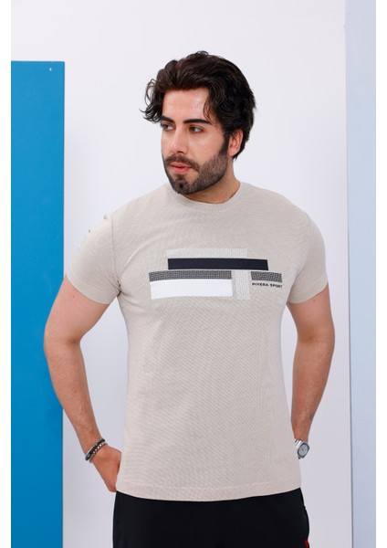 Erkek Bej Bisiklet Yaka Baskılı T-Shirt - 170