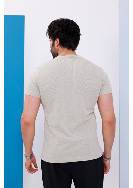 Erkek Bej Bisiklet Yaka Baskılı T-Shirt - 170