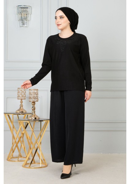 Kadın Siyah Anne Penye Bluz Anneler Günü modelleri
