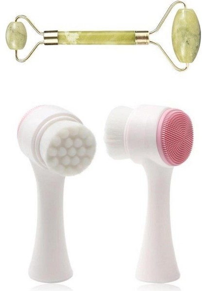 2li Set Çift Taraflı Cilt Temizleme Fırçası ve Yeşim Taşı Çift Taraflı Cilt Masaj Aleti