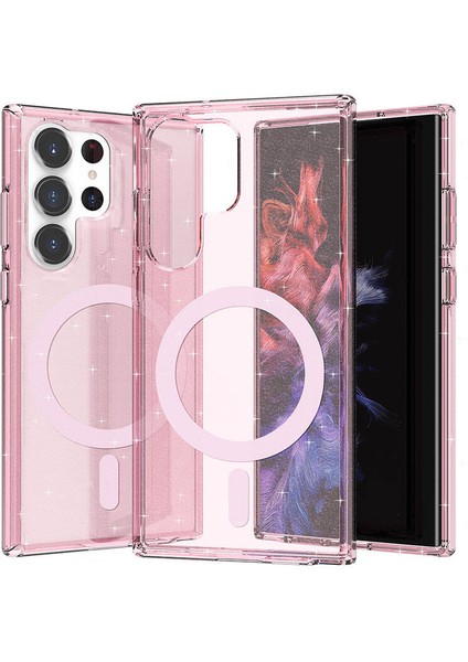 Galaxy S23 Ultra Kılıf Magsafe Şarj Özellikli Parlayan Simli Saydam Renkli Mbtm Allstar Kapak-Pembe