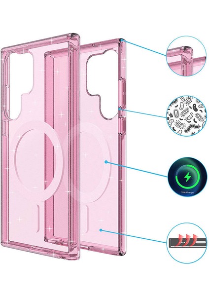 Galaxy S23 Ultra Kılıf Magsafe Şarj Özellikli Parlayan Simli Saydam Renkli Mbtm Allstar Kapak-Pembe fırsatları