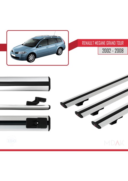 Renault Megane Grand Tour 2002-2008 Arası ile Uyumlu Basıc Model Ara Atkı Tavan Barı Gri 3 Adet modelleri