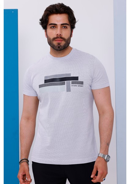 Erkek Beyaz Bisiklet Yaka Baskılı T-Shirt - 170