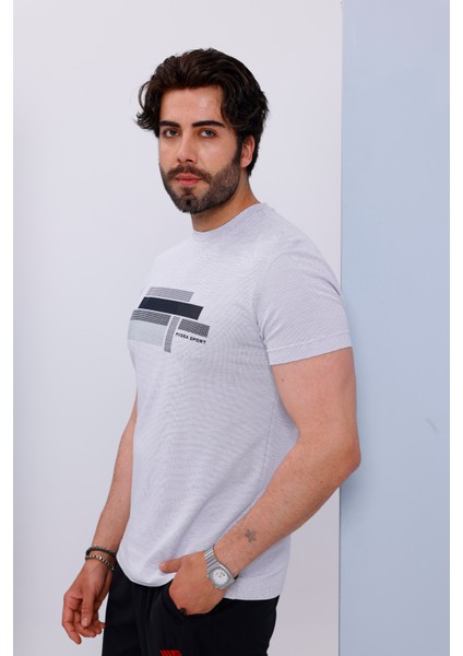 Erkek Beyaz Bisiklet Yaka Baskılı T-Shirt - 170 modelleri