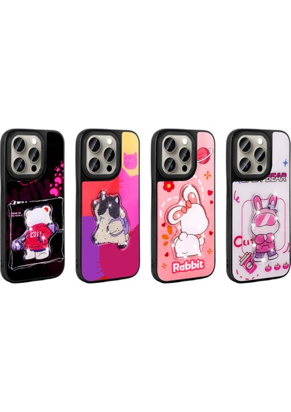 Apple iPhone 15 Pro Max Kılıf Parlayan Kabartmalı Ikonik Figürlü Mbtm Amas Silikon Kapak-Mor fiyatları