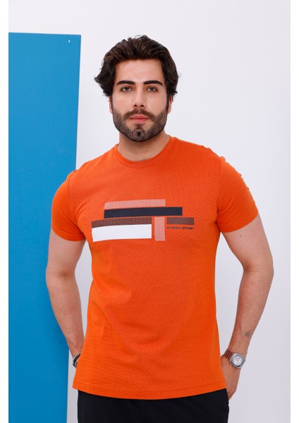 Erkek Kiremit Bisiklet Yaka Baskılı T-Shirt - 170