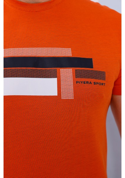 Erkek Kiremit Bisiklet Yaka Baskılı T-Shirt - 170