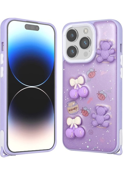 Apple iPhone 14 Pro Max Kılıf Parlayan Sıvılı Simli Kabartma Figürlü Mbtm Cevze Kapak-Mor Ayı