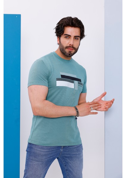Erkek Yeşil Bisiklet Yaka Baskılı T-Shirt - 170 fırsatları