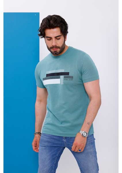 Erkek Yeşil Bisiklet Yaka Baskılı T-Shirt - 170 indirimleri