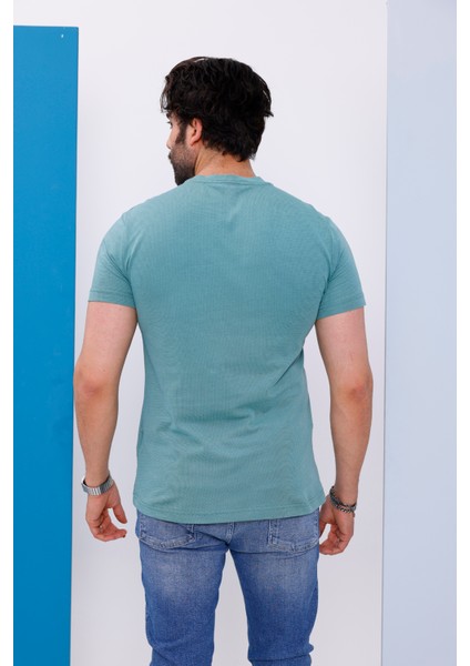 Erkek Yeşil Bisiklet Yaka Baskılı T-Shirt - 170