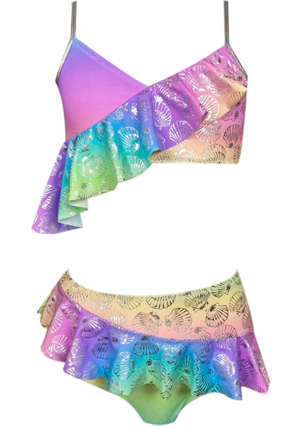 Askılı Parlak Dokulu Deniz Kabuğu Desenli 50UV Kız Çocuk Bikini Takımı By Nessi Byrd