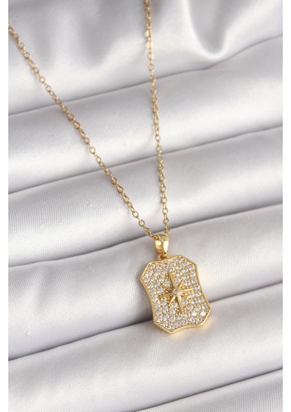 316L Çelik Gold Renk Zincir Zirkon Taşlı Kutup Yıldız Işlemeli Madalyon Model Kadın Kolye - TJ-BKO9942