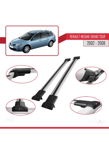 Renault Megane Grand Tour 2002-2008 Arası ile Uyumlu Fly Model Ara Atkı Tavan Barı Gri 2 Adet modelleri