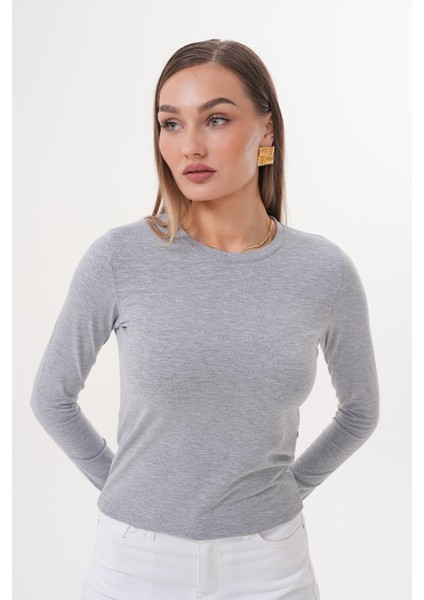 Uzun Kollu Kısa Kadın Bluz Long Fitted Uzunkol-Bluz