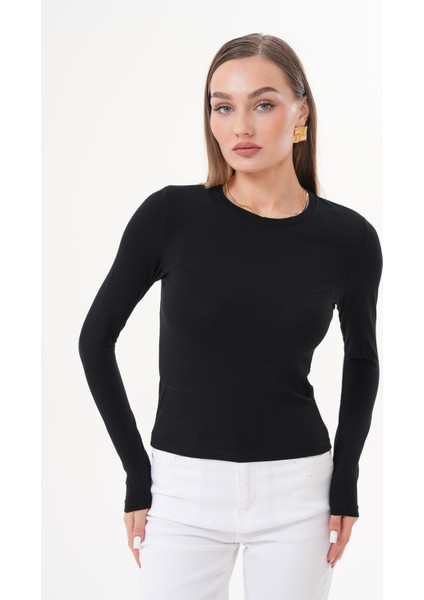 Uzun Kollu Kısa Kadın Bluz Long Fitted Uzunkol-Bluz
