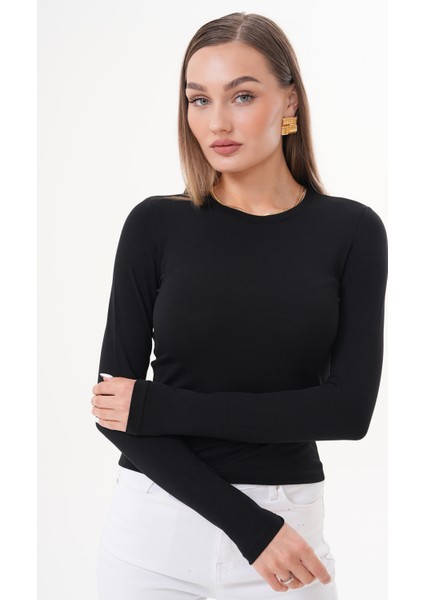 Uzun Kollu Kısa Kadın Bluz Long Fitted Uzunkol-Bluz