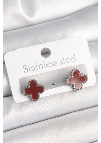 Pirinç Gümüş Renk Bordo Yonca Model Kadın Küpe - TJ-BKP10359