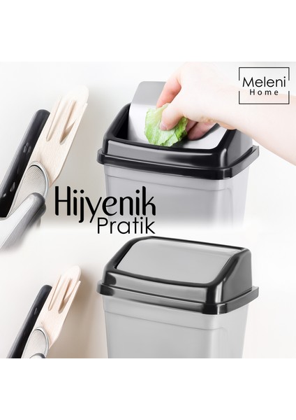 Kapaklı Plastik Çöp Kovası - Ev Ofis Banyo Mutfak Tezgah Üstü Çöp Kovası Gri 2,5 Litre