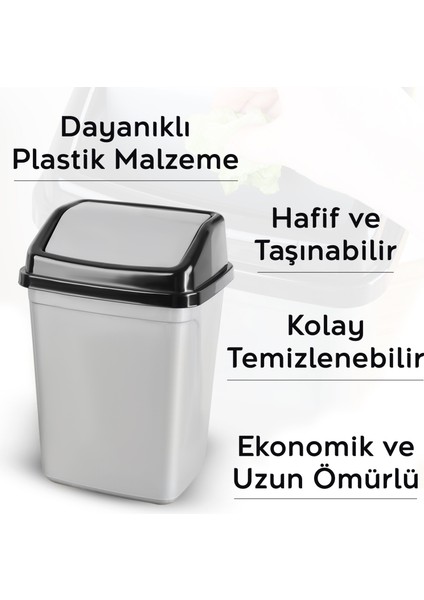 Kapaklı Plastik Çöp Kovası - Ev Ofis Banyo Mutfak Tezgah Üstü Çöp Kovası Gri 2,5 Litre
