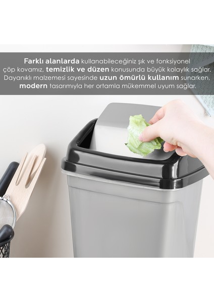 Kapaklı Plastik Çöp Kovası - Ev Ofis Banyo Mutfak Tezgah Üstü Çöp Kovası Gri 2,5 Litre