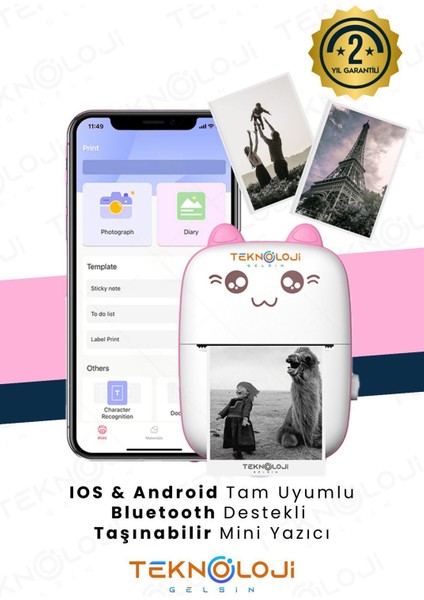 Mini Cep Yazıcı Taşınabilir Bluetooth Kablosuz Şarjlı 6 Rulo 3 Kalem Seti Hediye Pembe Yazıcı