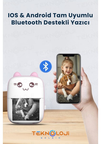 Mini Cep Yazıcı Taşınabilir Bluetooth Kablosuz Şarjlı 6 Rulo 3 Kalem Seti Hediye Pembe Yazıcı