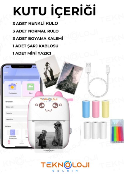 Mini Cep Yazıcı Taşınabilir Bluetooth Kablosuz Şarjlı 6 Rulo 3 Kalem Seti Hediye Pembe Yazıcı