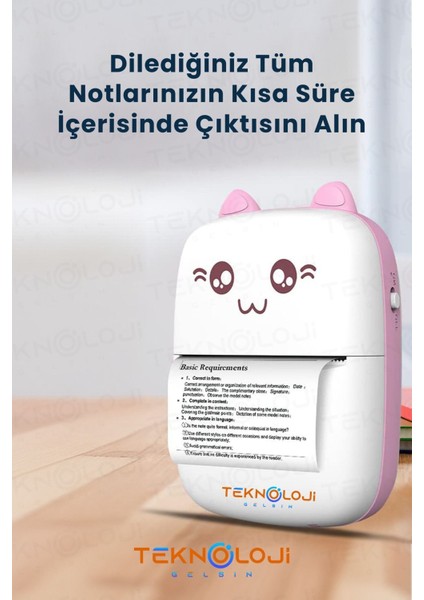 Mini Cep Yazıcı Taşınabilir Bluetooth Kablosuz Şarjlı 6 Rulo 3 Kalem Seti Hediye Pembe Yazıcı