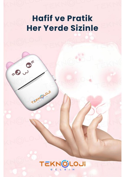 Mini Cep Yazıcı Taşınabilir Bluetooth Kablosuz Şarjlı 6 Rulo 3 Kalem Seti Hediye Pembe Yazıcı