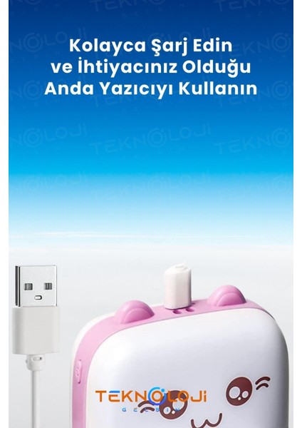 Mini Cep Yazıcı Taşınabilir Bluetooth Kablosuz Şarjlı 6 Rulo 3 Kalem Seti Hediye Pembe Yazıcı