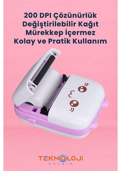 Mini Cep Yazıcı Taşınabilir Bluetooth Kablosuz Şarjlı 6 Rulo 3 Kalem Seti Hediye Pembe Yazıcı