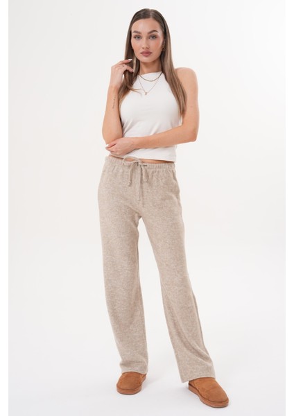 Kadın Yumoş Pantolon Beli Lastikli Cepli Bol Örme Pantolon Yumoş Pantolon
