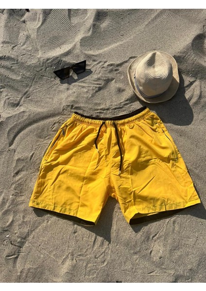 Erkek Fermuarlı Sarı Renk Deniz Şortu