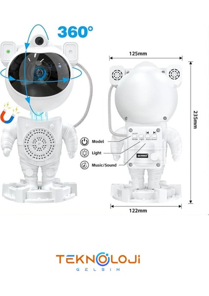 Gece Lambası Yıldız Projektör Astronot Işıklı Galaksi Samanyolu Projeksiyon Kumandalı