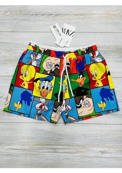 Erkek Çocuk Karakter Baskılı Su Tutmaz Bel Bağcıklı Ağ Fileli Deniz ve Havuz Şortu