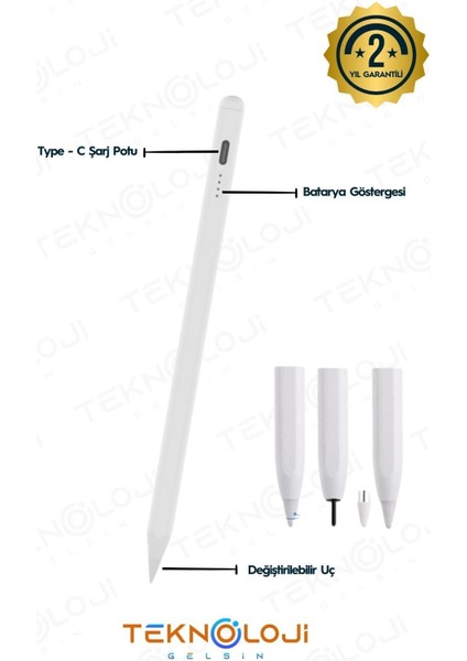 Stylus Pen Dokunmatik Tablet Kalemi Ios Android Windows Uyumlu Yedek Uç Hediyeli Yeni Nesil Type-C