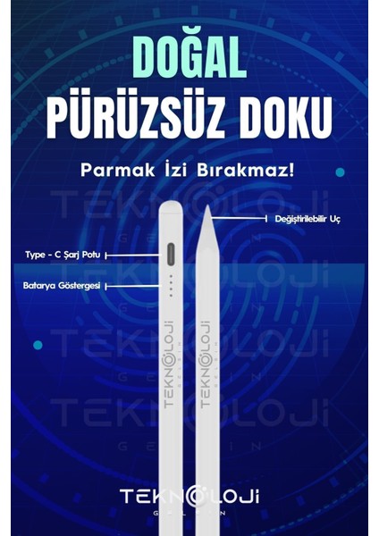 Stylus Pen Dokunmatik Tablet Kalemi Ios Android Windows Uyumlu Yedek Uç Hediyeli Yeni Nesil Type-C