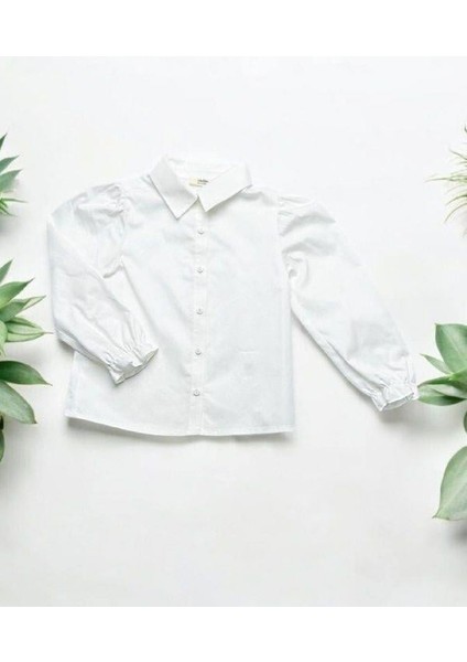 Kız Çocuk Kolları Büzgülü Beyaz Gömlek