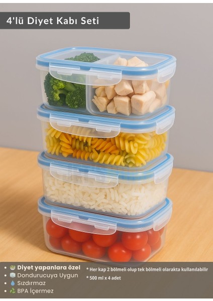 4'lü Diyet Kabı Seti Bpa Free Hava Almaz Saklama Kabı Çıkarılabilir Bölmeli Gıda Kutusu 500 ml