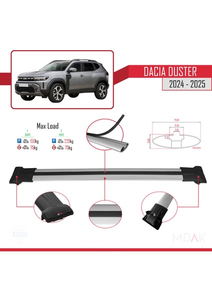 Dacia Duster 3 (P1310) 2024 ve Sonrası ile Uyumlu Fly Model Ara Atkı Tavan Barı Gri 2 Adet